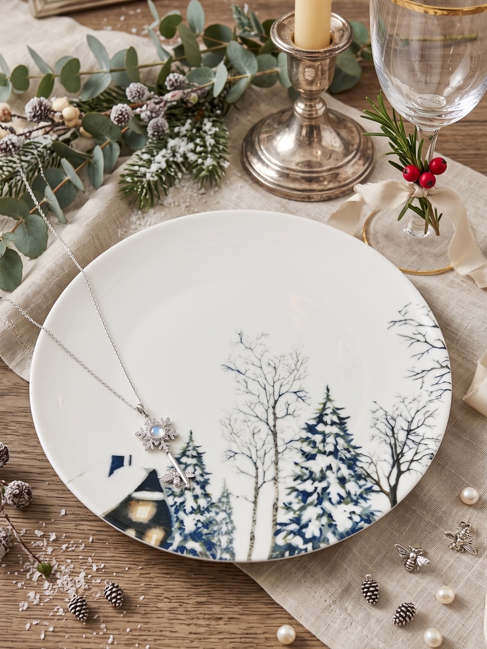 Set of 2 White Winter Trees Porcelain Dinner Plates.